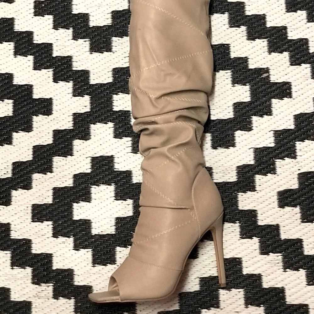 Pazzle Victoria Over The Knee Taupe Faux Leather Ruched Stiletto Thigh High Boot - Picture 6 of 9